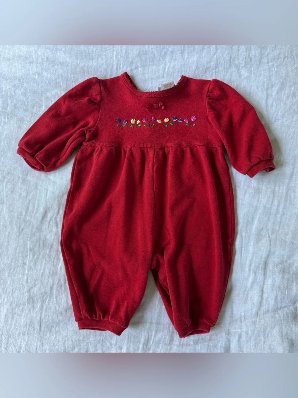 Vintage Carter's Red Fleece Tulip Embroidered Romper Baby Girls One Piece 6-9m